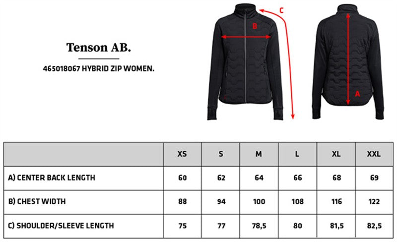 Tabela velikosti za Ženska hibridna jakna Tenson TXlite Hybrid Zip Women
