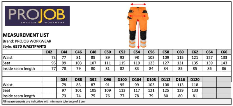 Tabela velikosti ProJob 6570 raztegljive varnostne delovne hlače 62-64