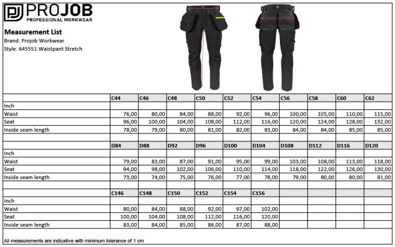 Tabela velikosti ProJob 5551 raztegljive delovne hlače Cordura 146-156
