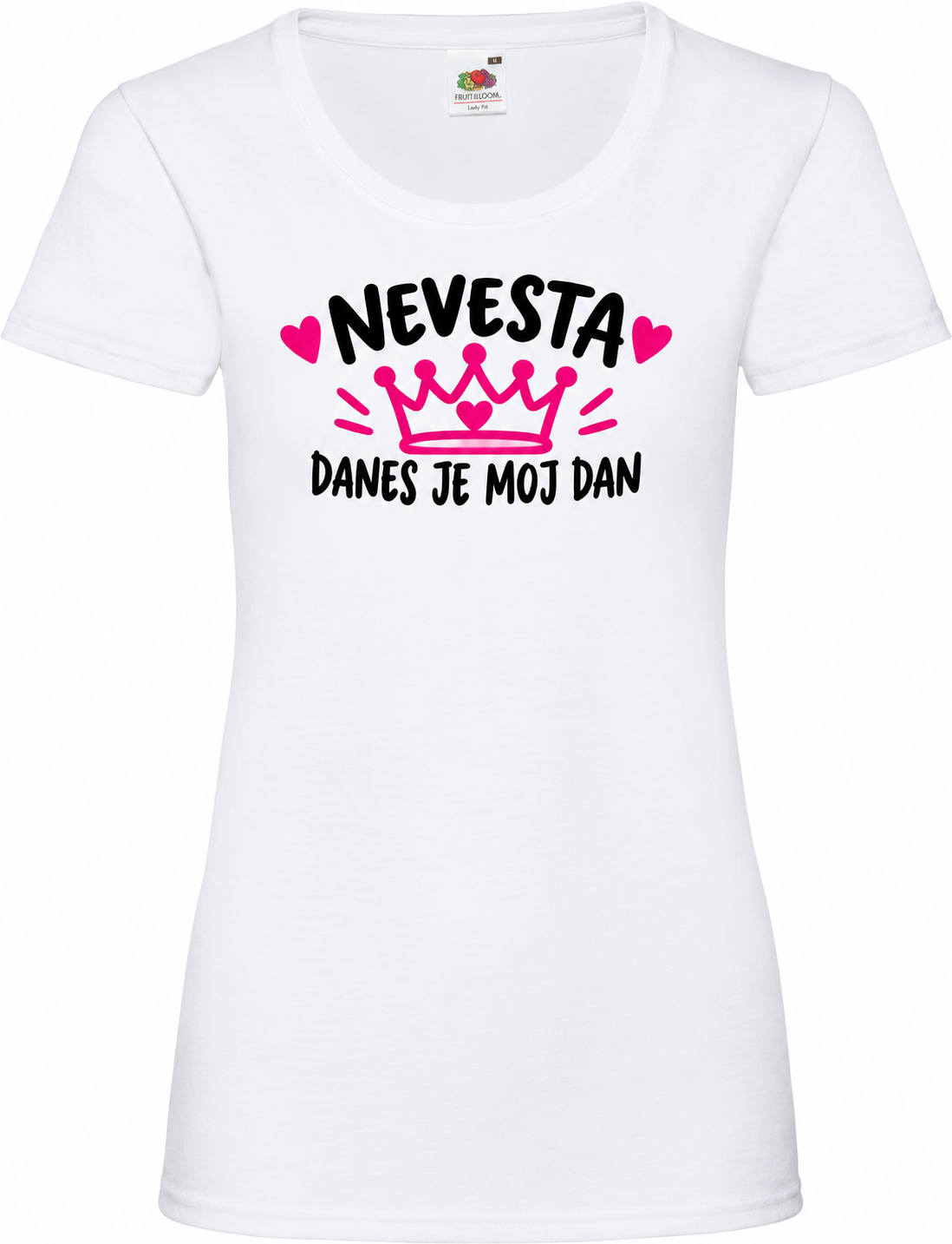 Ženska majica za dekliščino Nevesta, danes je moj dan na beli osnovni majici Lady-Fit Valueweight