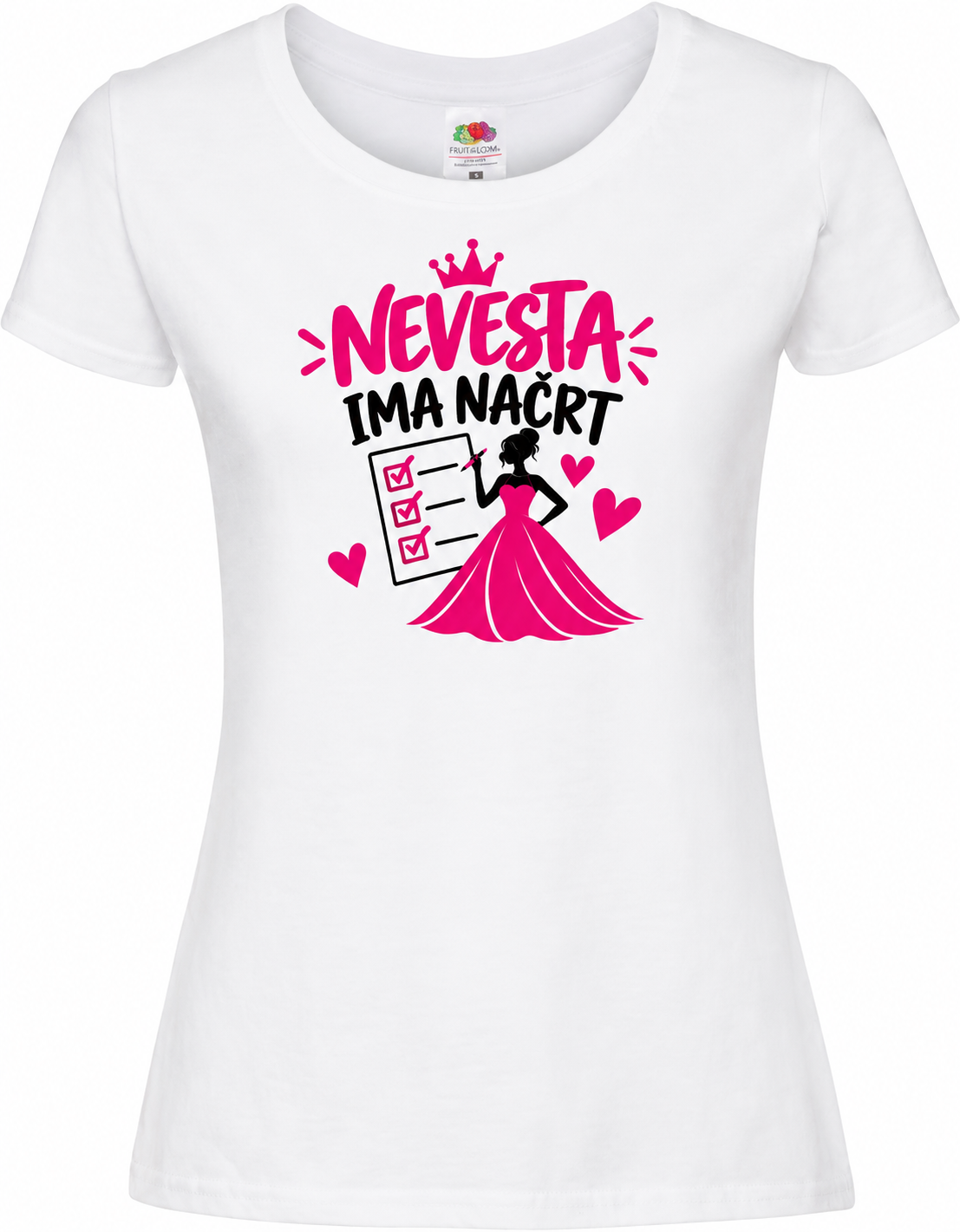 Ženska majica za dekliščino Nevesta ima načrt, bela premium Lady-Fit Iconic 195