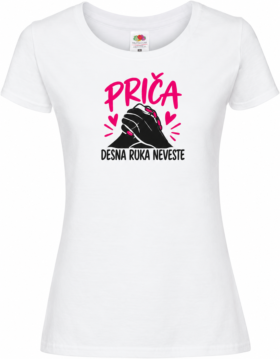 Ženska majica za dekliščino Priča, desna roka neveste, bela premium Lady-Fit Iconic 195
