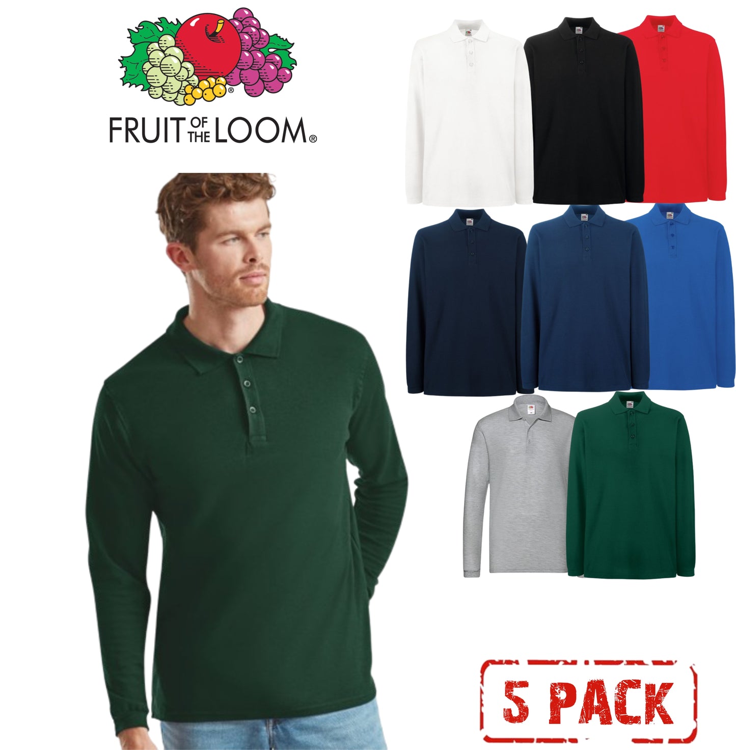 Moške Fruit Of The Loom Polo Majice Dolgi Rokav 5Kos - oblekanadom