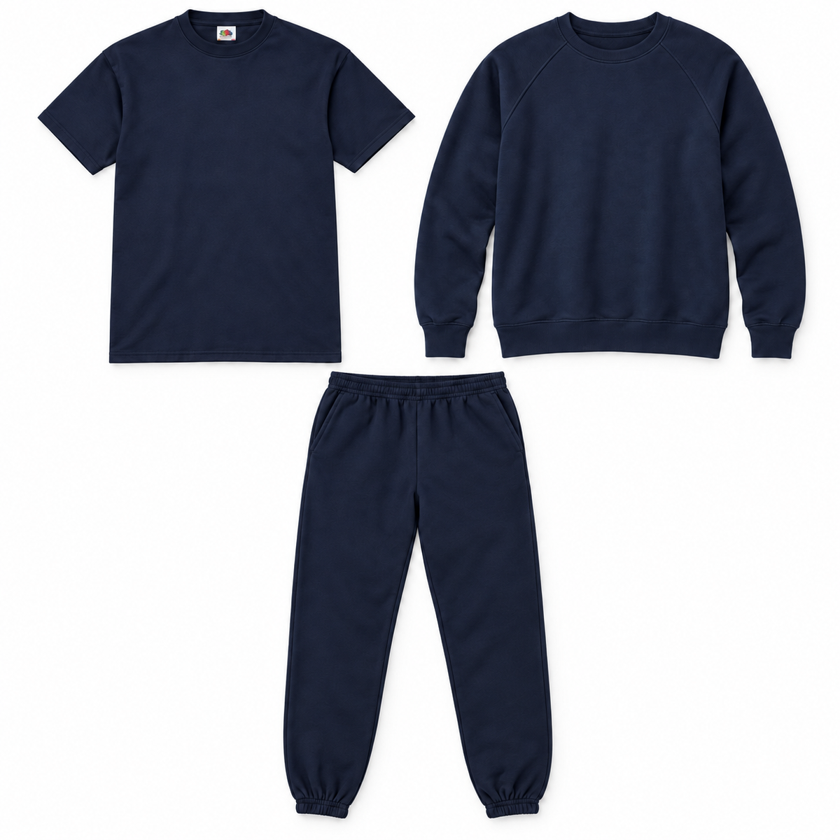 Moški komplet Fruit of the Loom za prosti čas, modra majica, pulover in trenirka, oblekanadom, 3 kosi