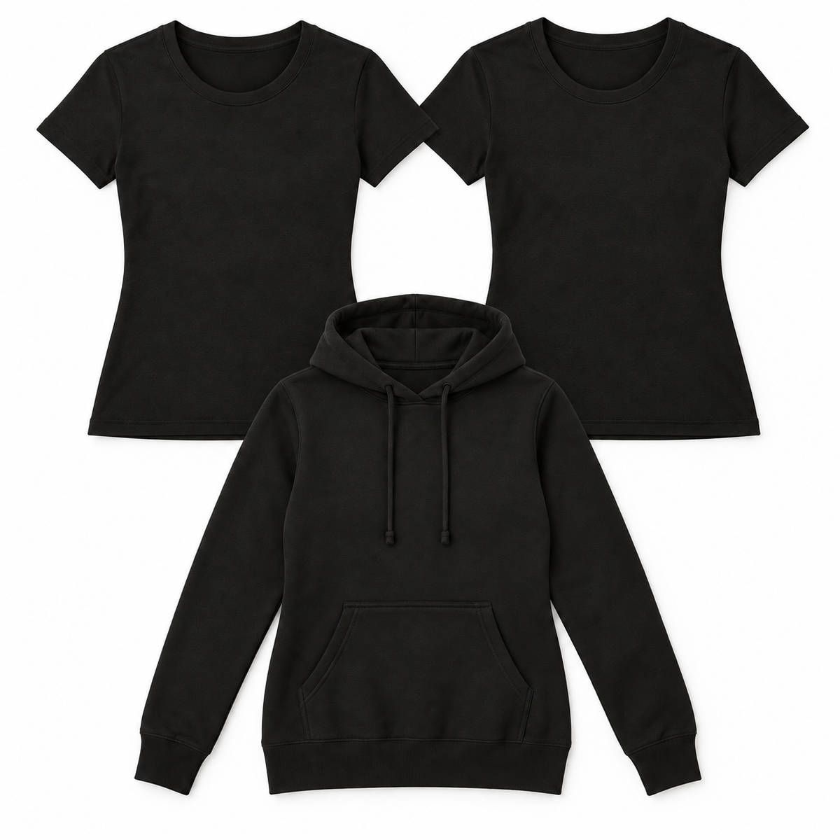 Ženski komplet oblačil oblekanadom s 2 črnima majicami Lady-Fit in puloverjem s kapuco, 3 kosa, za udoben stil.
