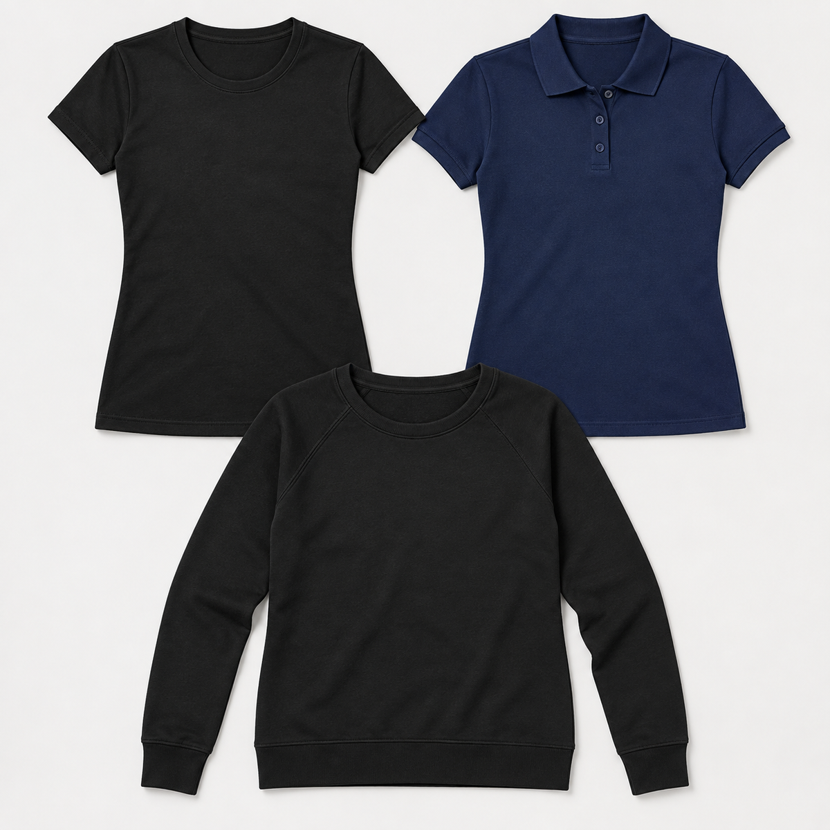 Ženski komplet Fruit of the Loom za delo, vključuje polo majico, majico Iconic in raglan pulover v temnih barvah.