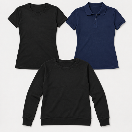 Sestava kompleta Ženski komplet Fruit of the Loom za delo: majica Iconic, polo majica in raglan pulover (3 kosi), prikaz temnejše barvne kombinacije