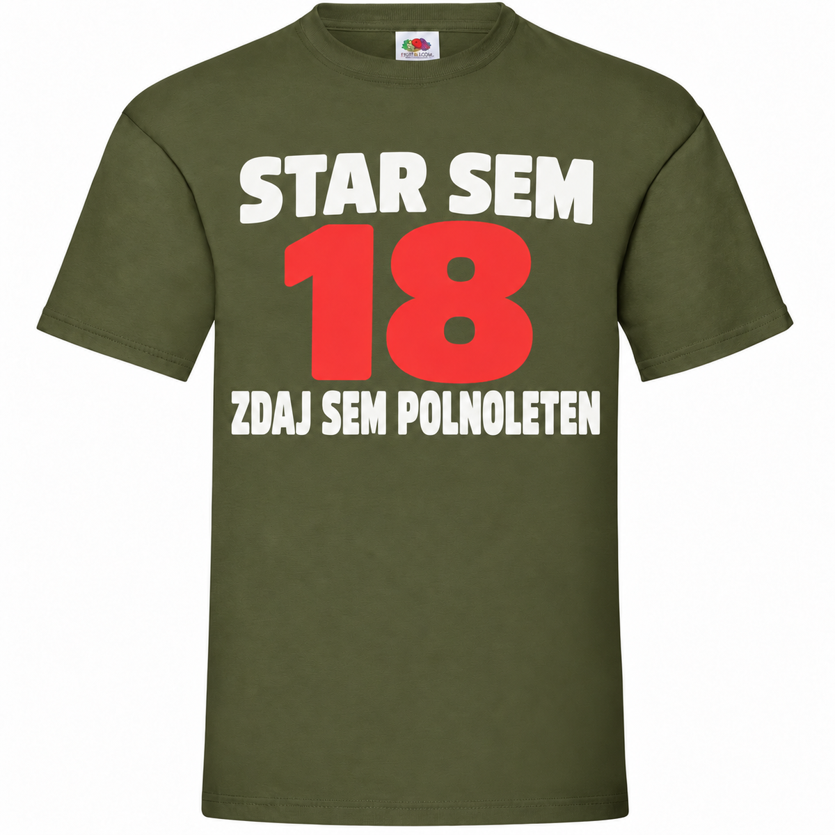 Moška majica za 18 let Star sem 18, zdaj sem polnoleten, Fruit of the Loom, olivna