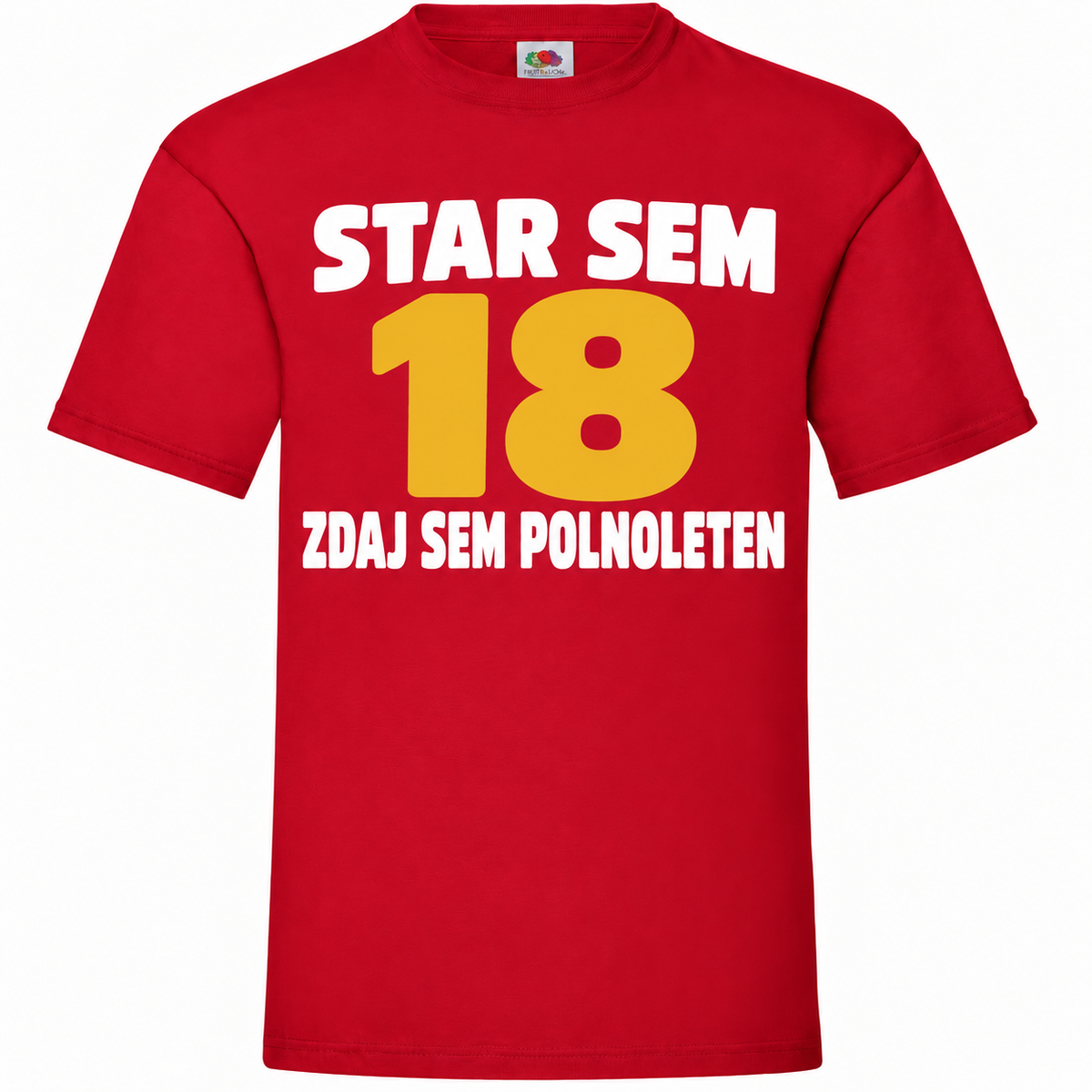 Moška majica za 18 let Star sem 18, zdaj sem polnoleten, Fruit of the Loom, rdeča