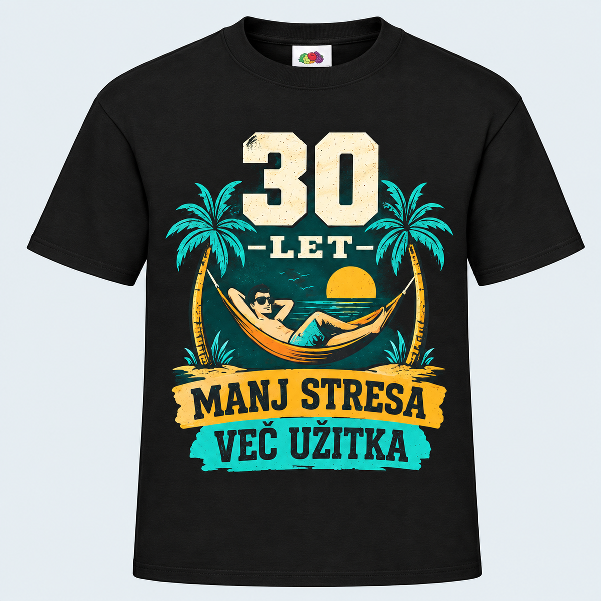 Moška majica za 30 let Manj stresa, več užitka, Fruit of the Loom, Črna