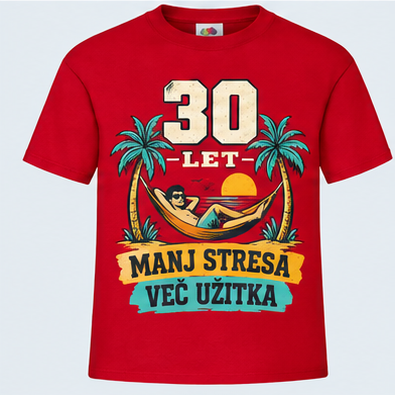 Moška majica za 30 let Manj stresa, več užitka, Fruit of the Loom, Rdeča