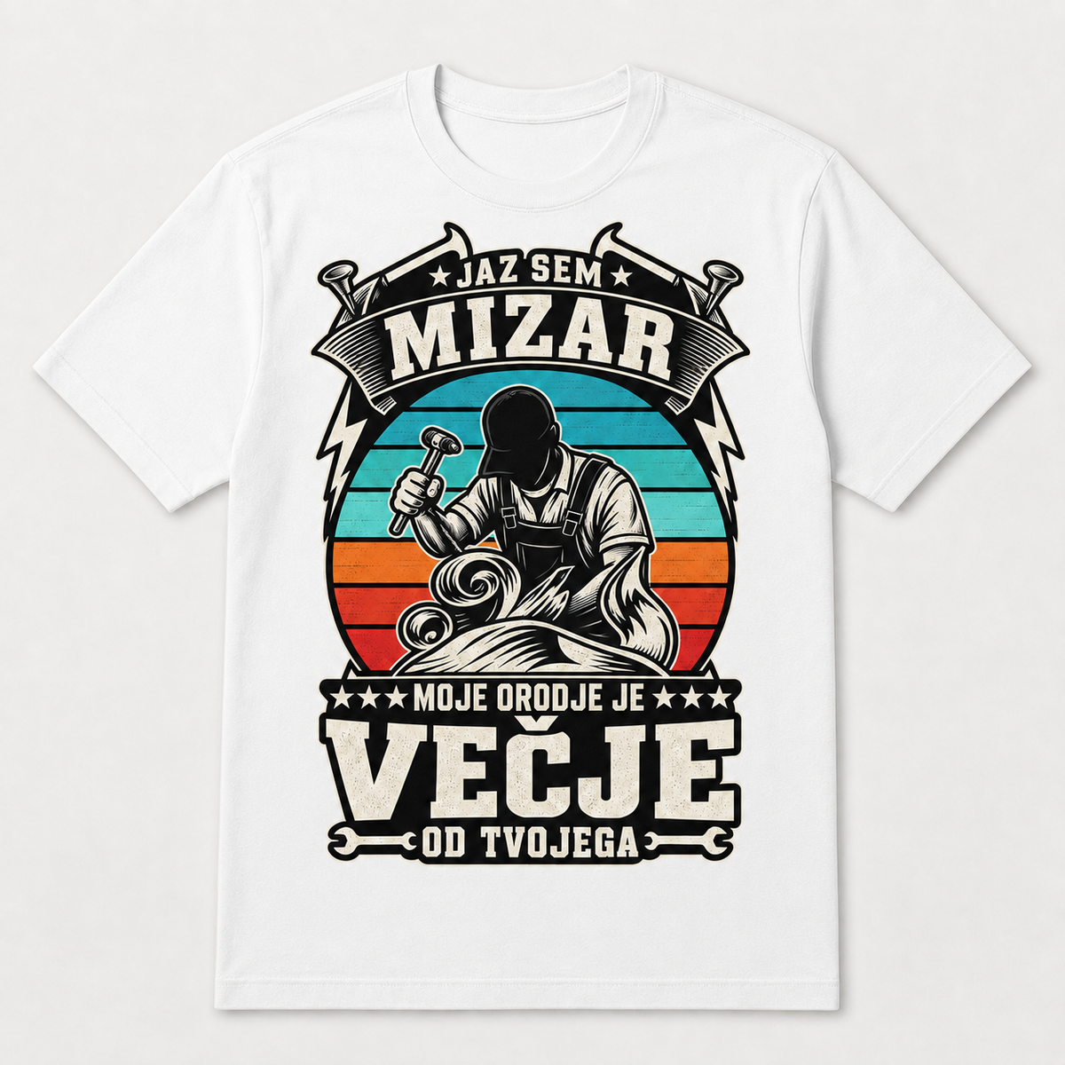 Majica za mizarja z napisom Moje orodje je večje od tvojega, bela