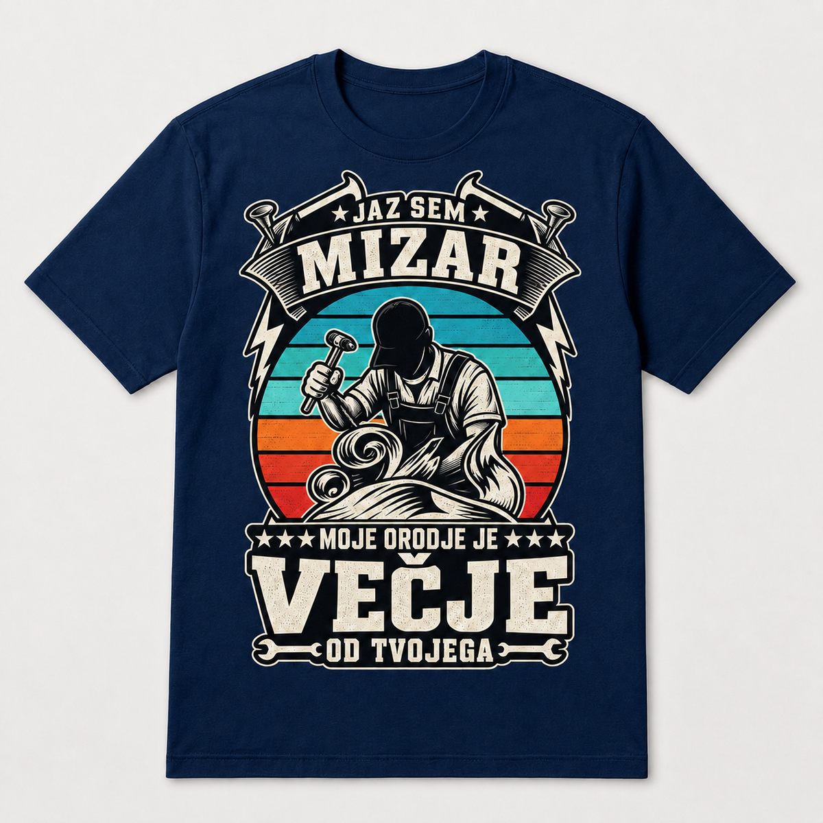 Majica za mizarja z napisom Moje orodje je večje od tvojega, mornarsko modra