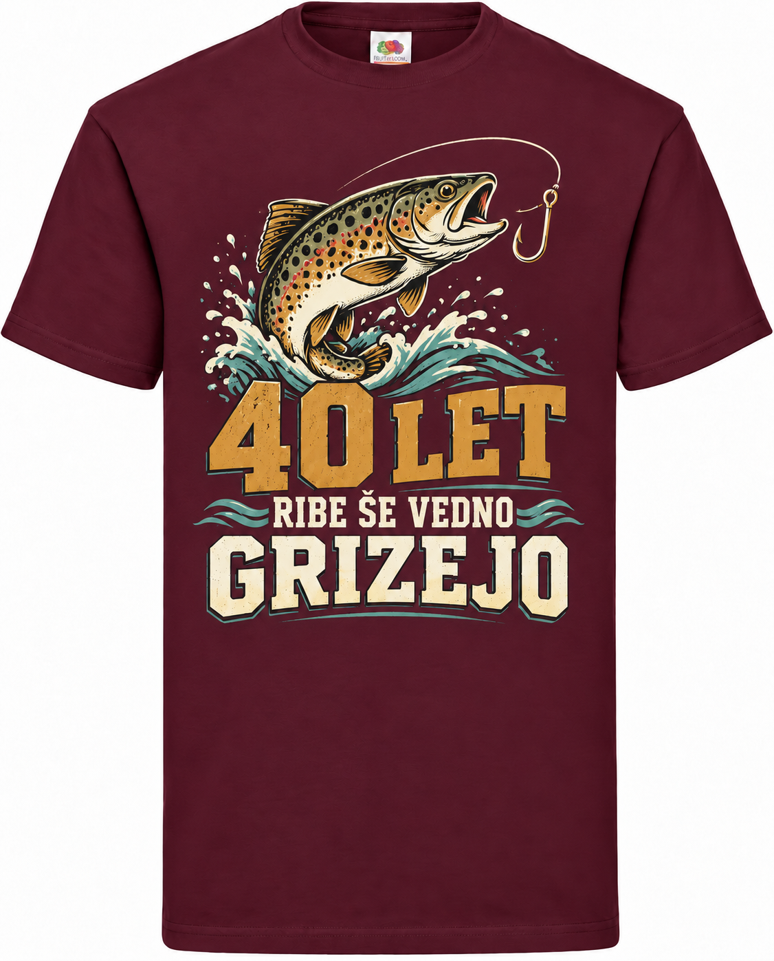 Moška majica za 40 let Ribe še vedno grizejo, Fruit of the Loom, bordo