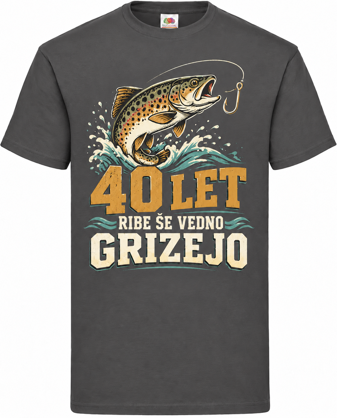 Moška majica za 40 let Ribe še vedno grizejo, Fruit of the Loom, grafitna