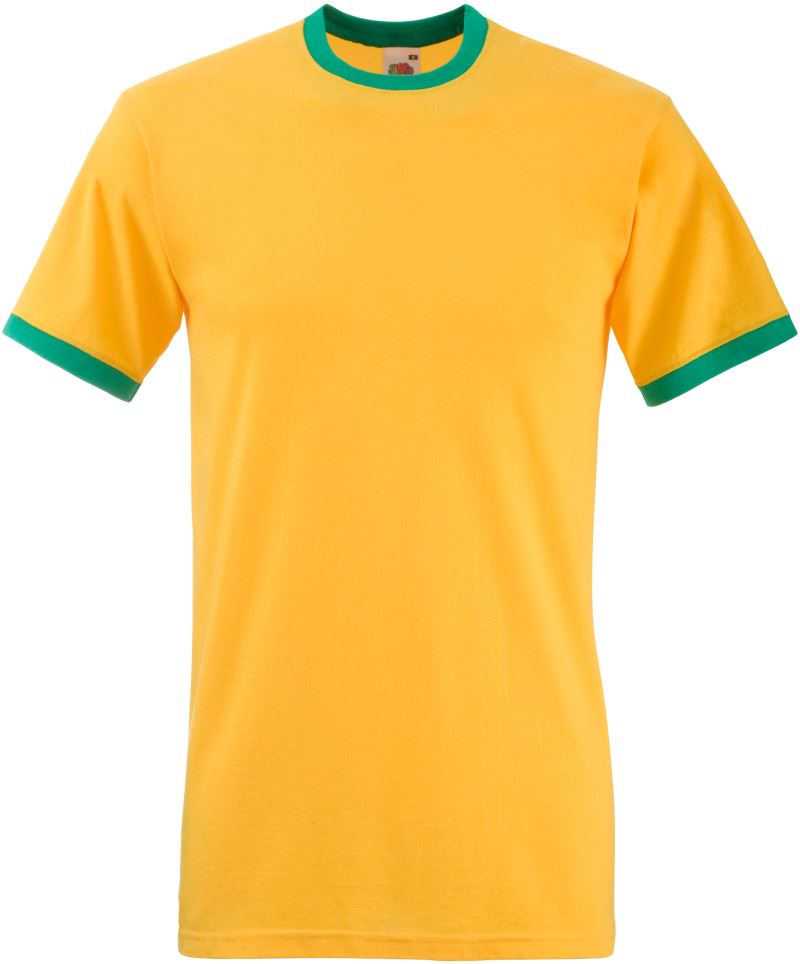 Moške kontrastne majice Fruit of the Loom Ringer T, sončno rumena s kelly zelenimi robovi