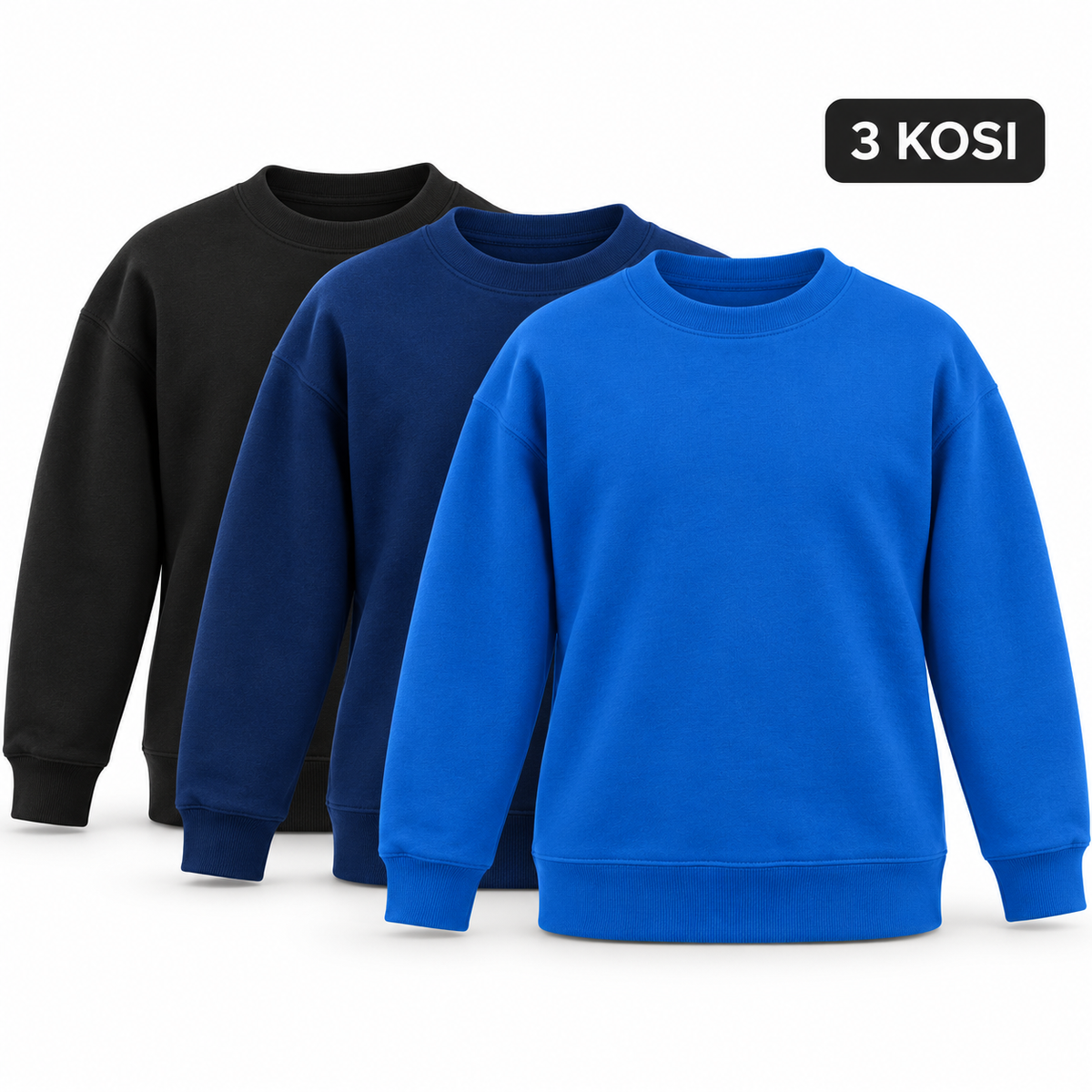 Temni komplet treh otroških puloverjev: črna, mornarsko in kraljevsko modra