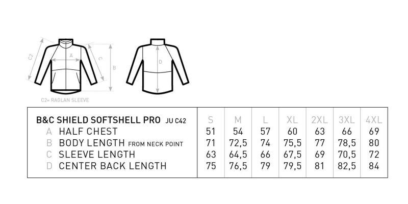 Tabela velikosti za Delovna softshell jakna B&C Shield Pro